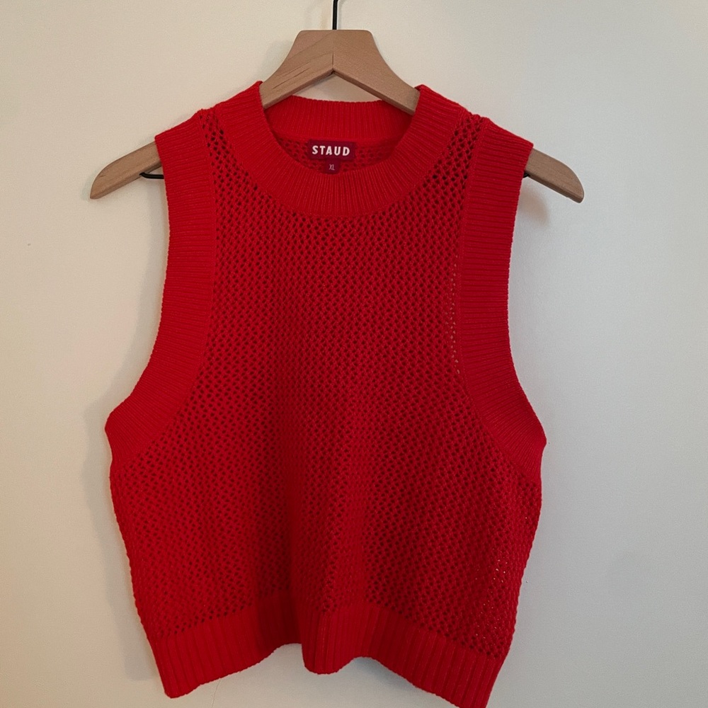 Staud Inlet Top Cotton Mesh Crochet Sweater Vest Sleeveless Tomato Red XL